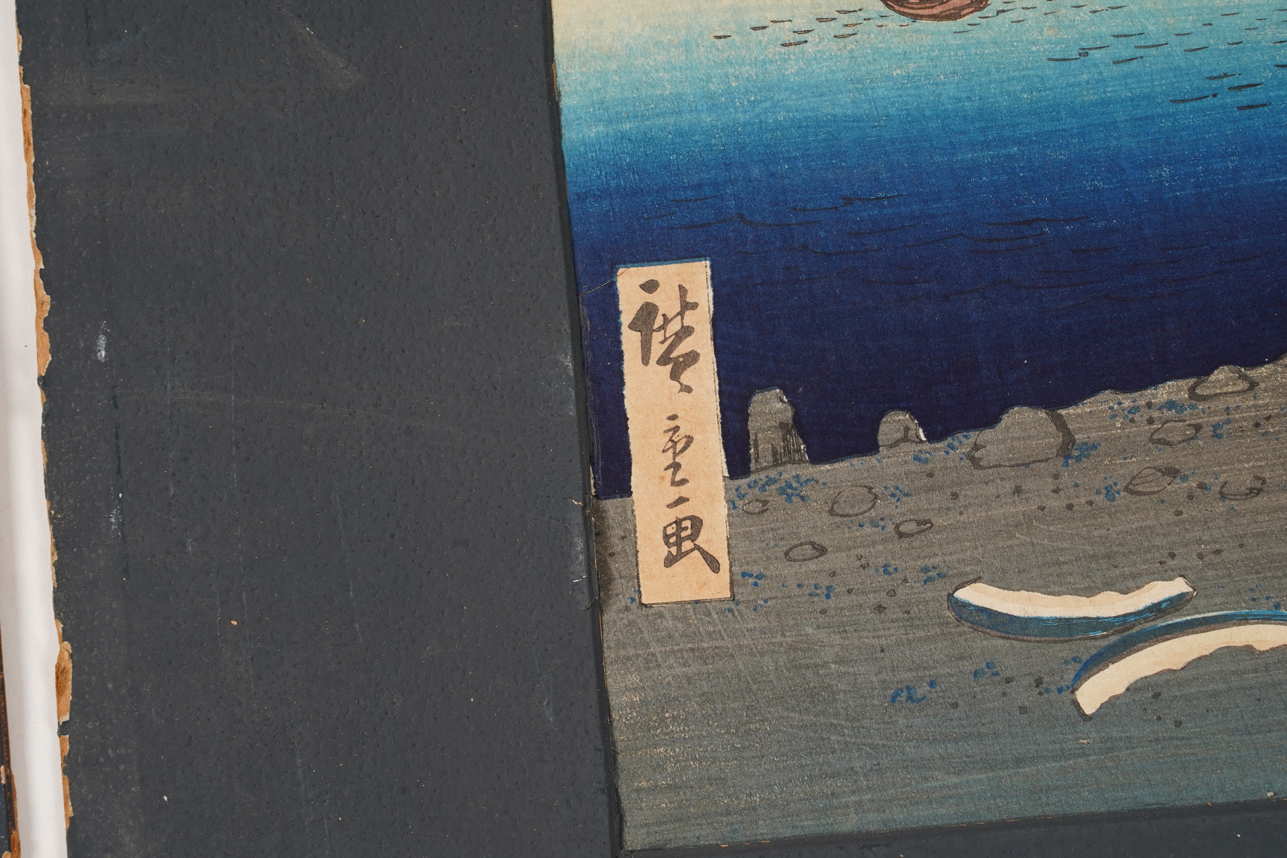 After Utagawa Hiroshige , Komagata Hall & Azumja Bridge and Ushimachi Takanawa, Two woodblock prints, 33.5cm x 22cm